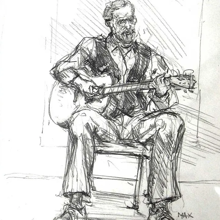 Drawing of Max Ochs playing guitar